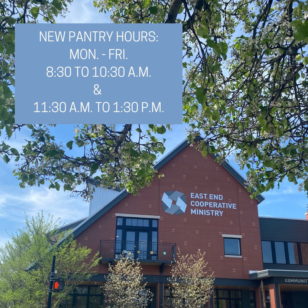 New year, new hours! To best serve our clients, we've changed the operating hours of our food pantry. Starting Monday (1/6), new hours are M-F from 8:30 to 10:30 a.m. and 11:30 a.m. to 1:30 p.m. Please spread the word! <a href="/EastLibertyPgh/">East Liberty</a>