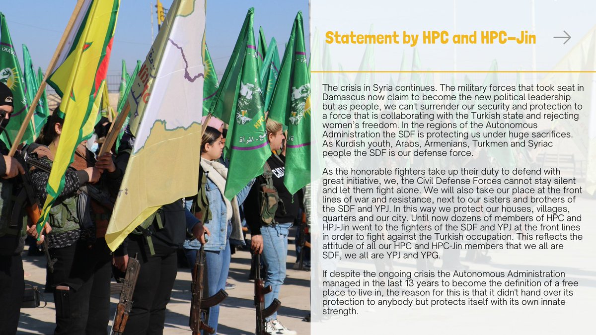 YpgInt's tweet image. HPC and HPC-Jin, the Civil Defense Forces and their all-women branch, issued a statement today regarding the current political situation. Men and women, young and old, many people take up arms, answering the call of general mobilization to defend North-East #Syria, #Rojava!