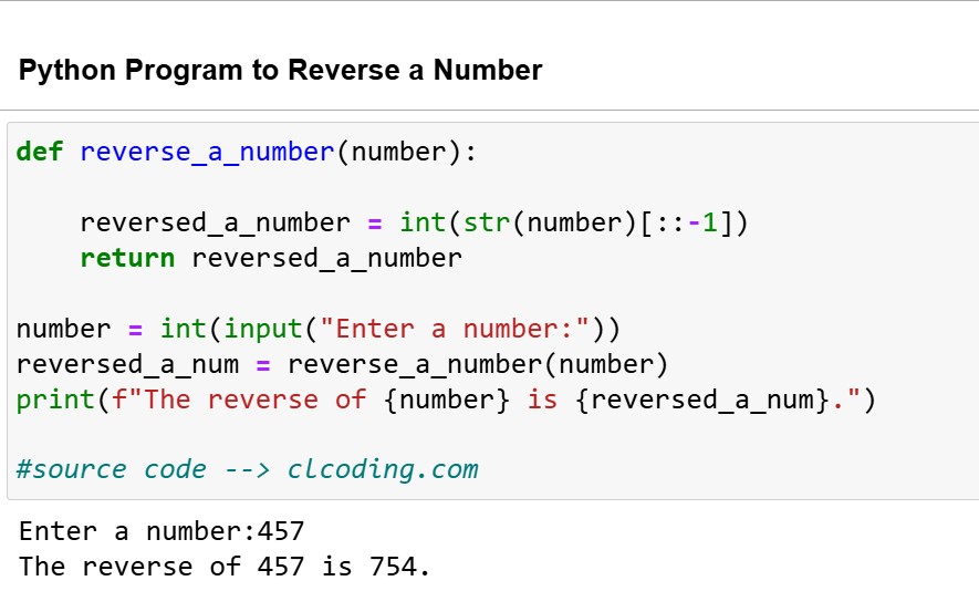 clcoding's tweet image. Day 29 Python Program to Reverse of a Number