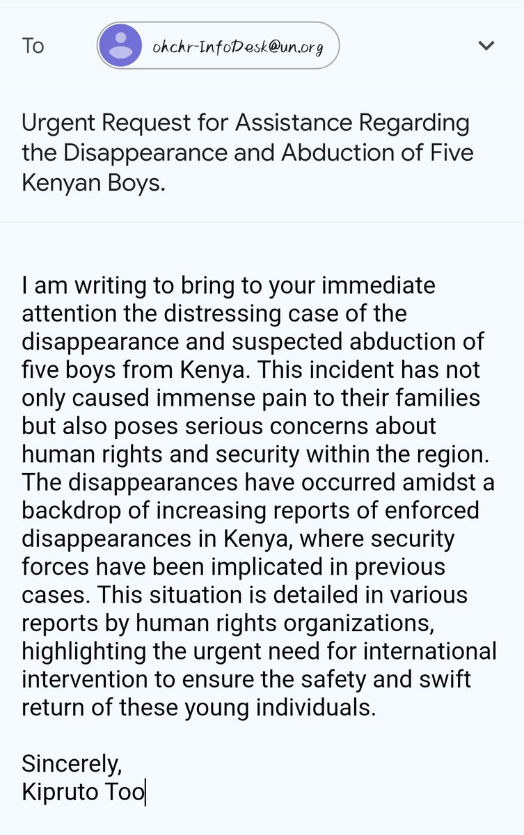 I have written an email to the UN Working Group on Enforced or Involuntary Disappearances <a href="/WGEID/">UN Working Group on Enforced Disappearances</a> . We need the Boys Back . We need <a href="/Kibet_bull/">Yoko</a> and the others .
#EndAbductionsKE