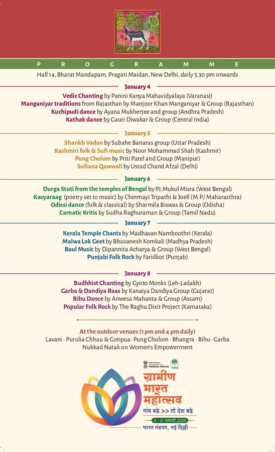 airnews_agt's tweet image. জাতীয় কৃষি ও গ্রামীণ উন্নয়ন ব্যাংক @NABARDOnline, আর্থিক সেবা বিভাগের অধীনে,
৪-৯ জানুয়ারি ২০২৫ 
দিল্লির ভারত মণ্ডপের হল নং ১৪-এ বৃহৎ সম্মেলন ও প্রদর্শনী ‘গ্রামীণ ভারত মহোৎসব #GBM-2025’র আয়োজন করেছে 
@airnewsalerts