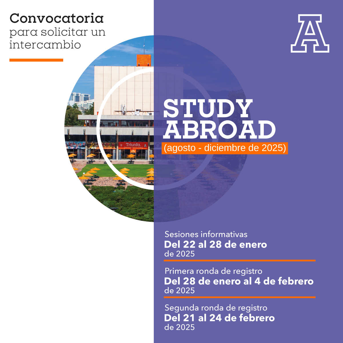 Solicita irte de intercambio sin preocuparte por encontrar plaza, la modalidad Study Abroad te permite hacerlo. Regístrate a las sesiones informativas forms.office.com/r/AN18t2DN1t  
*Este tipo de intercambio implica que deberás pagar tu matrícula en ambas instituciones.
🦁🌏