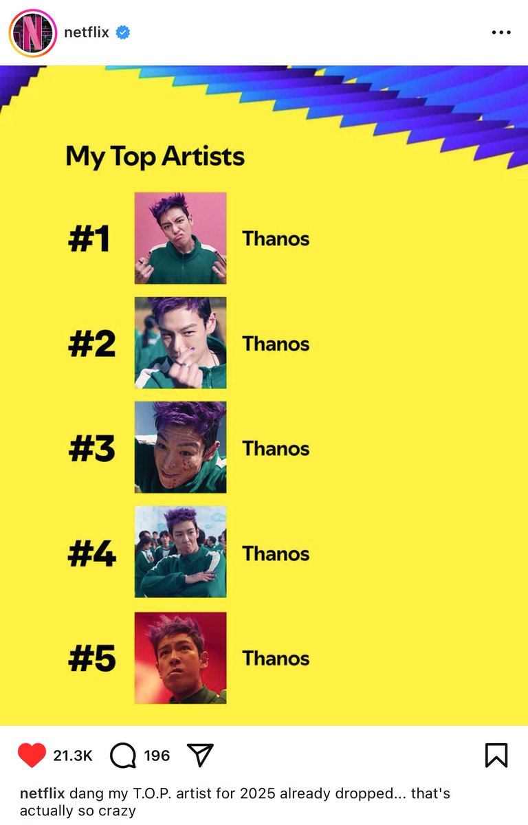 Netflix IG update!

“dang my T.O.P. artist for 2025 already dropped... that's actually so crazy”

#TOP #탑 #최승현 #CHOISEUNGHYUN #TTTOP #SquidGame #SquidGame2