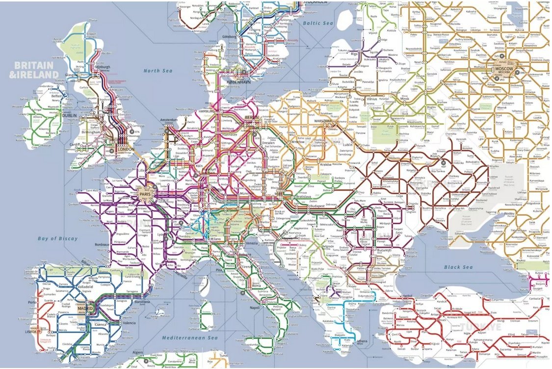 yustin's tweet photo. Este  mapa muestra las principales líneas de ferrocarril del mundo como si fueran líneas de metro

Y #Valladolid se consolida como uno de los nodos centrales en España

Lo de Salamanca (y Soria) no tiene nombre 😫

Aquí podéis ver el mapa completo https://t.co/M0Qovuw7QR https://t.co/6iPuiYvEuQ