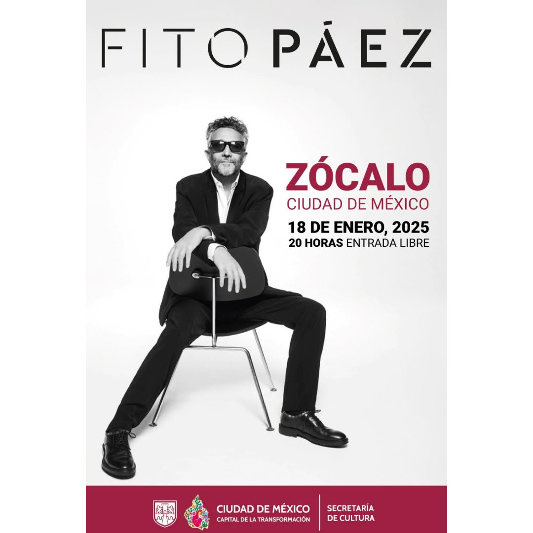 Se confirma la presentación del rockero argentino <a href="/FitoPaezMusica/">Fito Paez</a> en el #zócalo de la #CDMX 
Sábado 18 de enero | 20 hrs. | #EntradaLibre 
#fitopáez #cuandocuentascantas

<a href="/CulturaCiudadMx/">Secretaría de Cultura de la Ciudad de México</a> <a href="/GobCDMX/">Gobierno de la Ciudad de México</a>