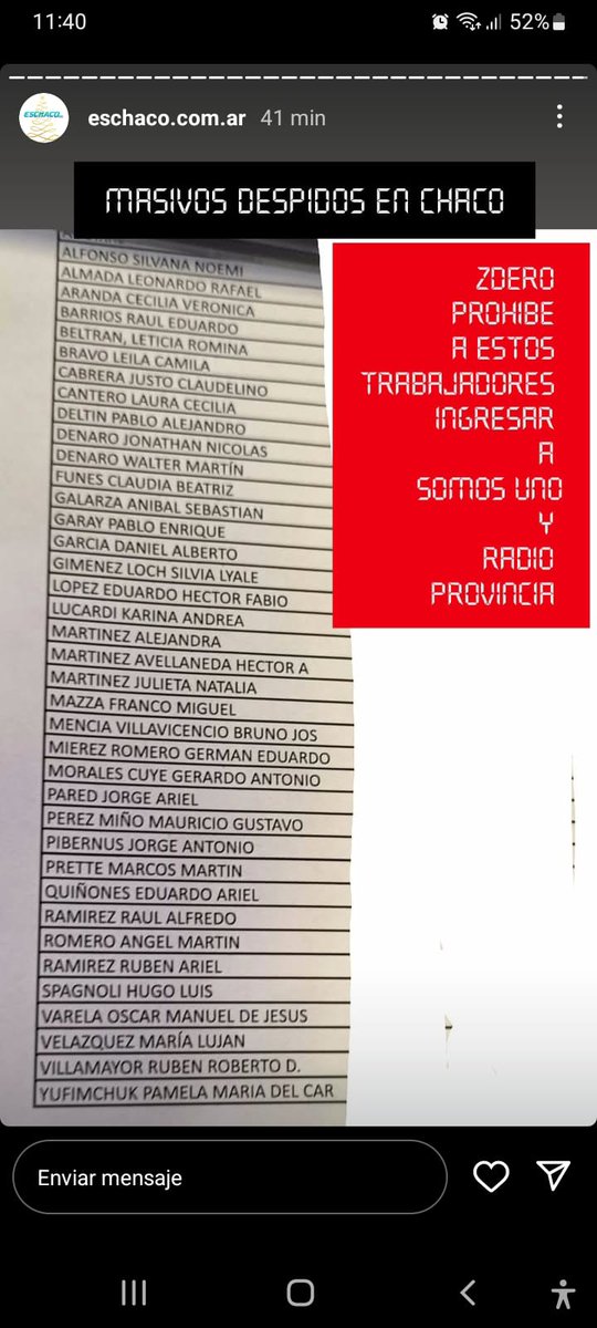 LuciMasin's tweet photo. Detestable accionar de @LeandroZdero! Como obsequio en 2025 trabajadores se enteran por una lista que perdieron sus puestos de trabajo en medios públicos. La motosierra tmb se ejerce en Chaco.
Mi solidaridad y acompañamiento a despedidos de SOMOS UNO y Radio Povincia del Chaco. https://t.co/pXt2SaPMXp