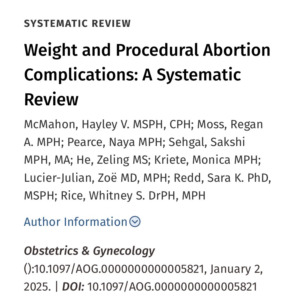 Hayley McMahon, MSPH, CPH (@mcmisoprostol) on Twitter photo ✨ NEW abortion research just dropped ✨
In a new systematic review out now in <a href="/greenjrnl/">The Green Journal</a>, <a href="/EmoryRISE/">Emory RISE</a> colleagues & I found that higher body weight is NOT associated with procedural abortion complications & shouldn’t be used to deny clinic-based care.
➡️ doi.org/10.1097/AOG.00… ✨ NEW abortion research just dropped ✨
In a new systematic review out now in <a href="/greenjrnl/">The Green Journal</a>, <a href="/EmoryRISE/">Emory RISE</a> colleagues & I found that higher body weight is NOT associated with procedural abortion complications & shouldn’t be used to deny clinic-based care.
➡️ doi.org/10.1097/AOG.00…
