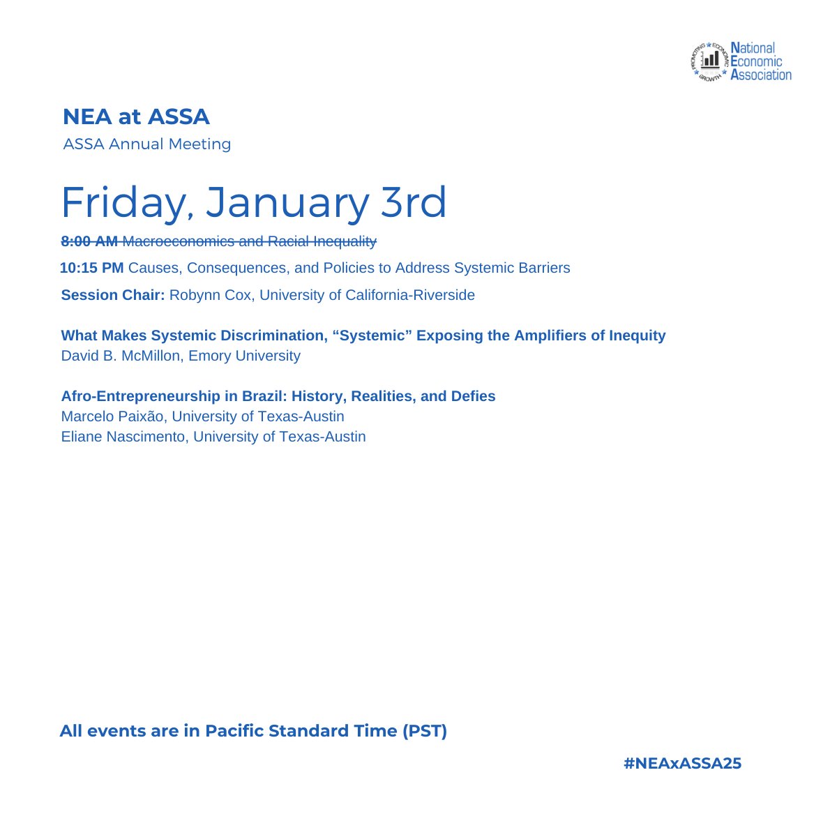 NEAEcon (@neaecon) on Twitter photo On Now: Causes, Consequences, and Policies to Address Systemic Barriers.
Chaired by President-elect <a href="/RobynnCox/">Robynn Cox</a>. On Now: Causes, Consequences, and Policies to Address Systemic Barriers.
Chaired by President-elect <a href="/RobynnCox/">Robynn Cox</a>.