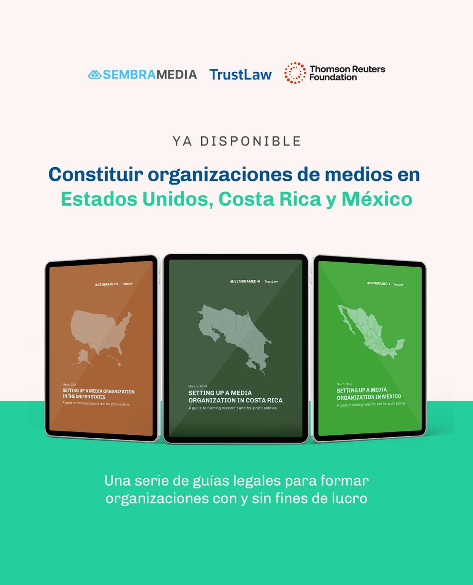 🗂️⚖️ Tres herramientas para aquellos que buscan el marco legal adecuado para operar de manera sostenible y segura en el periodismo digital.

Si buscas establecer un proyecto periodístico en México, Costa Rica o Estados Unidos; ¡estas guías son para ti!: bit.ly/3YqNop4