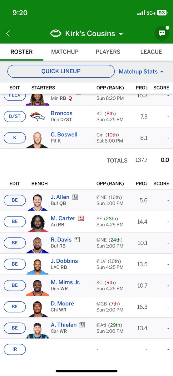 FargoKirk's tweet photo. @JeffRatcliffe any advice on this lineup? PPR full point 2-week championship. Down 200-120 after week 1 - so shooting for the moon to beat my best friend on my rookie season. https://t.co/HvjCX9BLfe