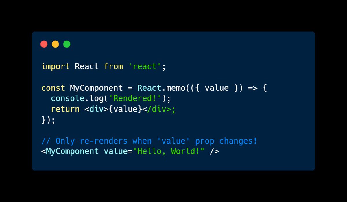 TanmayKathane's tweet image. Optimize React Performance with React.memo

Use it for components that don’t change often.
#ReactTips
