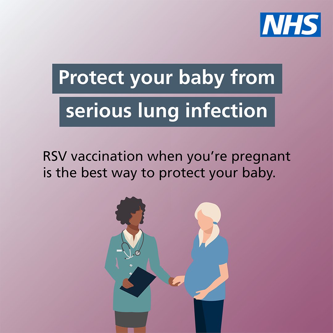 Having the RSV vaccine from 28 weeks of pregnancy passes on protection to your baby and significantly reduces their risk of becoming unwell during the first six months of their life.

Speak to your midwife or GP about the vaccine. 

▶️nhs.uk/vaccinations/r…