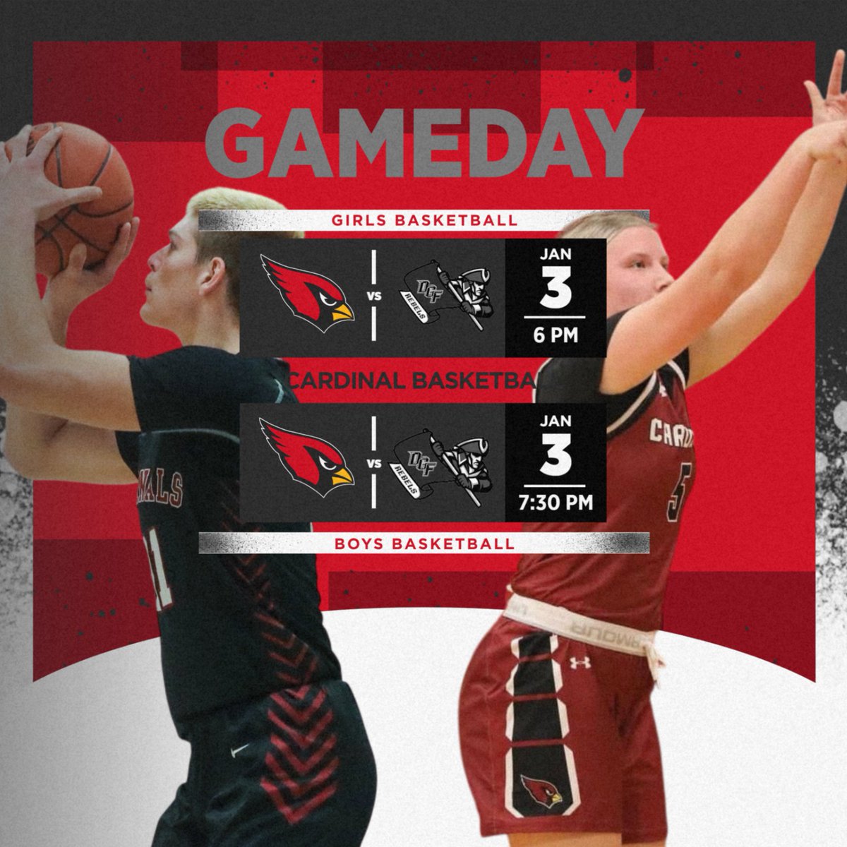 GAMEDAY! Doubleheader at DGF for both boys and girls basketball tonight! Games start at 4:30.  

#GoCards