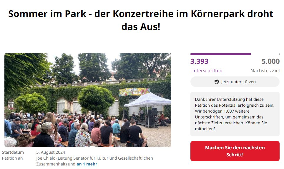 #SommerImPark
Wer einmal dort war, kommt immer wieder und wer das kennt und liebt, 🙏unterschreibt bitte. 
Der Senat darf nicht an der Kultur im Kiez sparen! Werden wir laut, erhalten wir diese Schatztruhe der Musik in unserem Kiez.
#Neukoelln #Neukölln
change.org/p/sommer-im-pa…