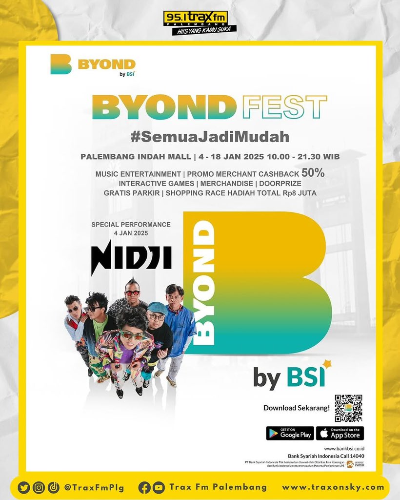 BYONDFEST PALEMBANG di Palembang Indah Mall bareng NIDJI Sabtu, 4 Januari 2025, 10.00 - 21.30 WIB.
Ada aktivitas seru, diantaranya: Promo merchant cashback 50%, Shopping race dengan hadiah total Rp 8juta &amp; masih banyak lagi! BEYONDFEST PALEMBANG berlangsung di 4 - 18 Januari 2025