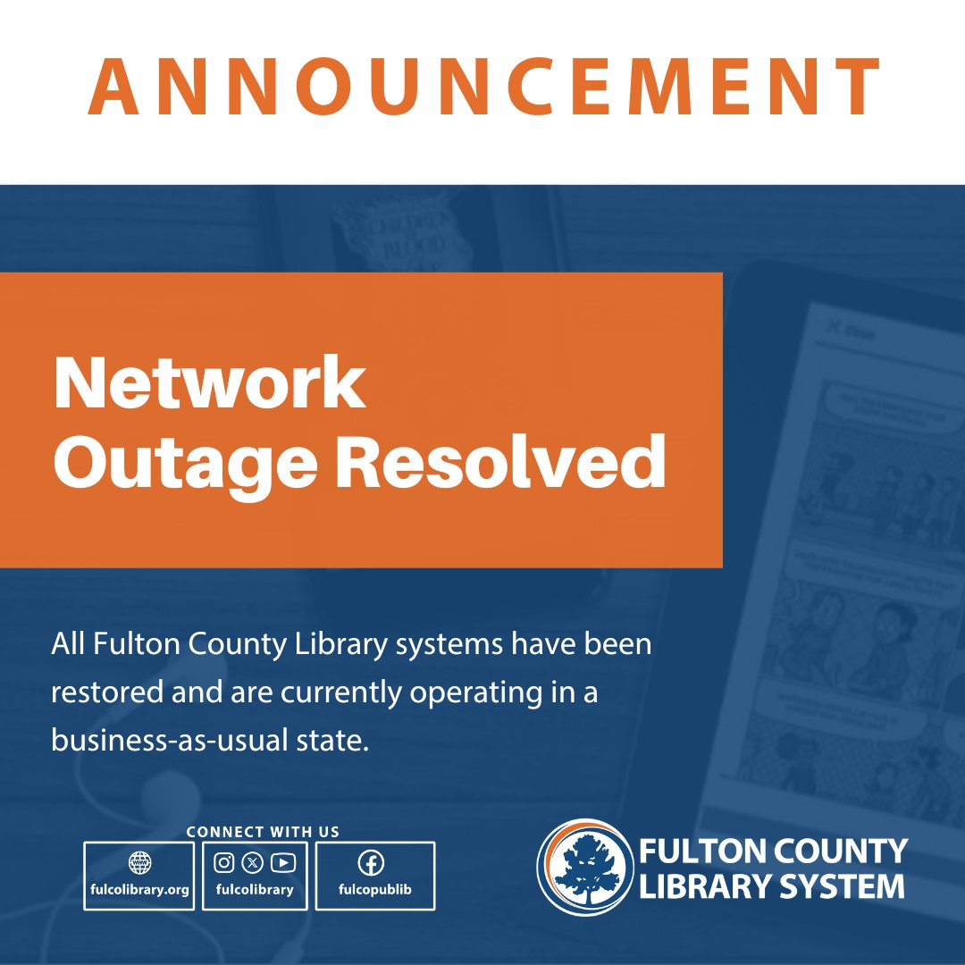 All Fulton County Library systems have been restored, and we operate in a business-as-usual state. Thank you for your patience as we resolved this issue. 

#fulcolibrary #fulcoinfo #announcment