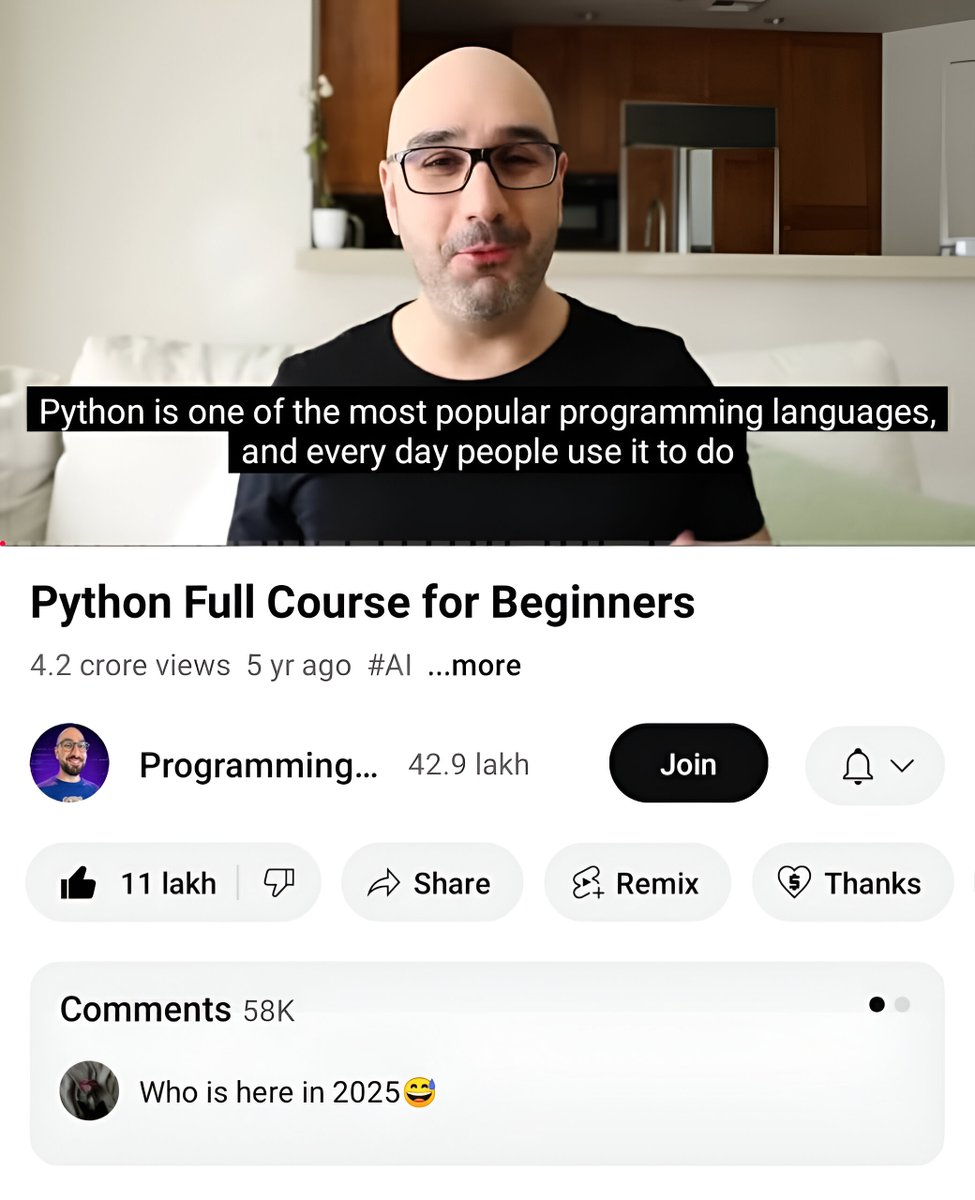 Abhishekcur's tweet image. I learnt Python from this video
-it was an amazing starting point
-perfect for absolute beginners
-clear, concise, and super helpful