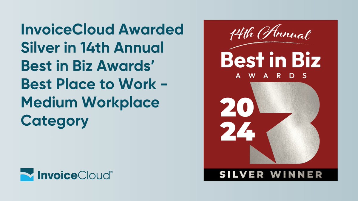 InvoiceCloud (@invoicecloud) on Twitter photo We're honored to announce that we've been awarded Silver in the Best Place to Work - Medium Workplace category at the 2024 <a href="/BestinBizAwards/">Best in Biz Awards</a>! Congrats to our amazing team for making InvoiceCloud such a special place to work! okt.to/rQ02Vc We're honored to announce that we've been awarded Silver in the Best Place to Work - Medium Workplace category at the 2024 <a href="/BestinBizAwards/">Best in Biz Awards</a>! Congrats to our amazing team for making InvoiceCloud such a special place to work! okt.to/rQ02Vc