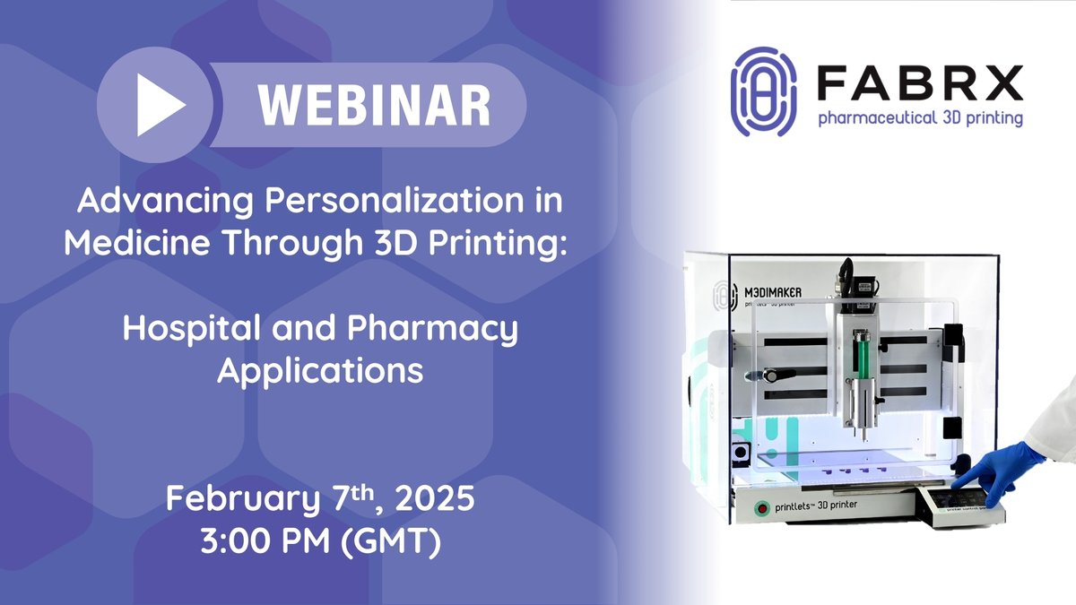FABRX (@fabrx_3dp) on Twitter photo 🚨 Reminder: Don’t Miss Our Webinar! 🚨
🗓️ Feb 7, 2025
⏰ 3 PM GMT
Discover how 3D printing is advancing personalized medicine with Maxime Annereau (Gustave Roussy) & Celia Orive (Farmacia Ángel Orive).
📌 Register now: zoom.us/webinar/regist…
#3DPrinting 🚨 Reminder: Don’t Miss Our Webinar! 🚨
🗓️ Feb 7, 2025
⏰ 3 PM GMT
Discover how 3D printing is advancing personalized medicine with Maxime Annereau (Gustave Roussy) & Celia Orive (Farmacia Ángel Orive).
📌 Register now: zoom.us/webinar/regist…
#3DPrinting