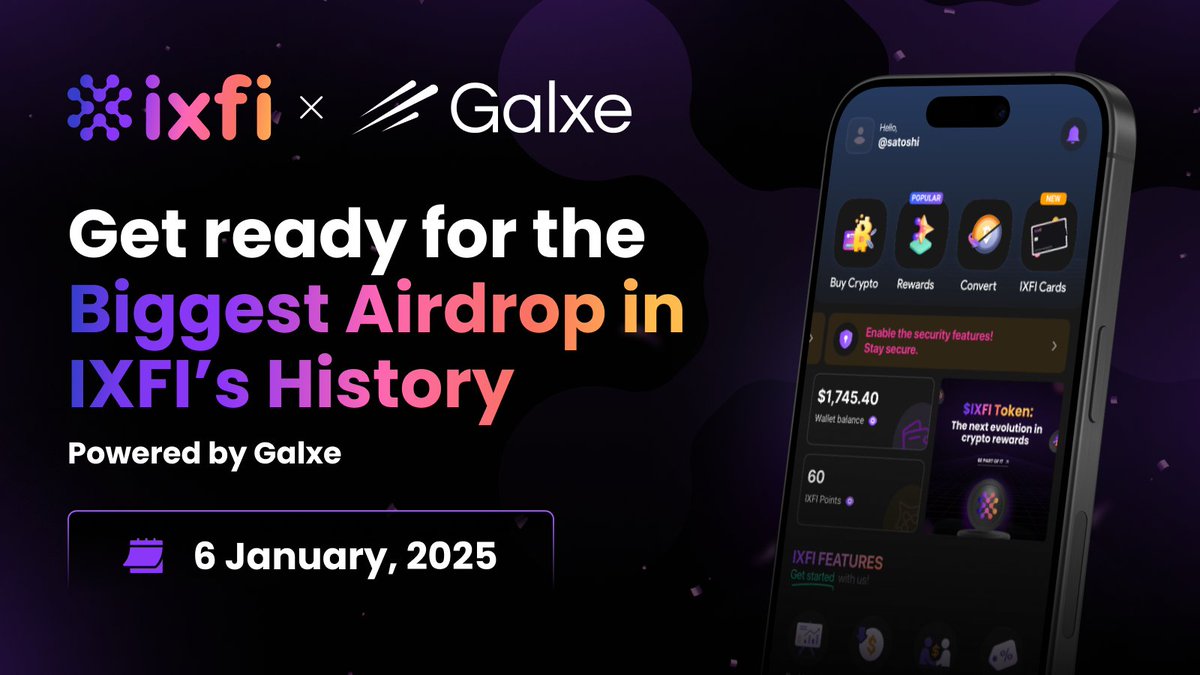 The biggest airdrop in IXFI’s history is coming!

The IXFI Revolution Program, powered by our friends at <a href="/Galxe/">Galxe</a> &amp; <a href="/GalxeQuest/">Galxe Quest</a>, drops on January 6th!

Complete quests, explore IXFI, and earn rewards in the biggest airdrop we've ever done.

Jan. 6th changes everything. Stay tuned!