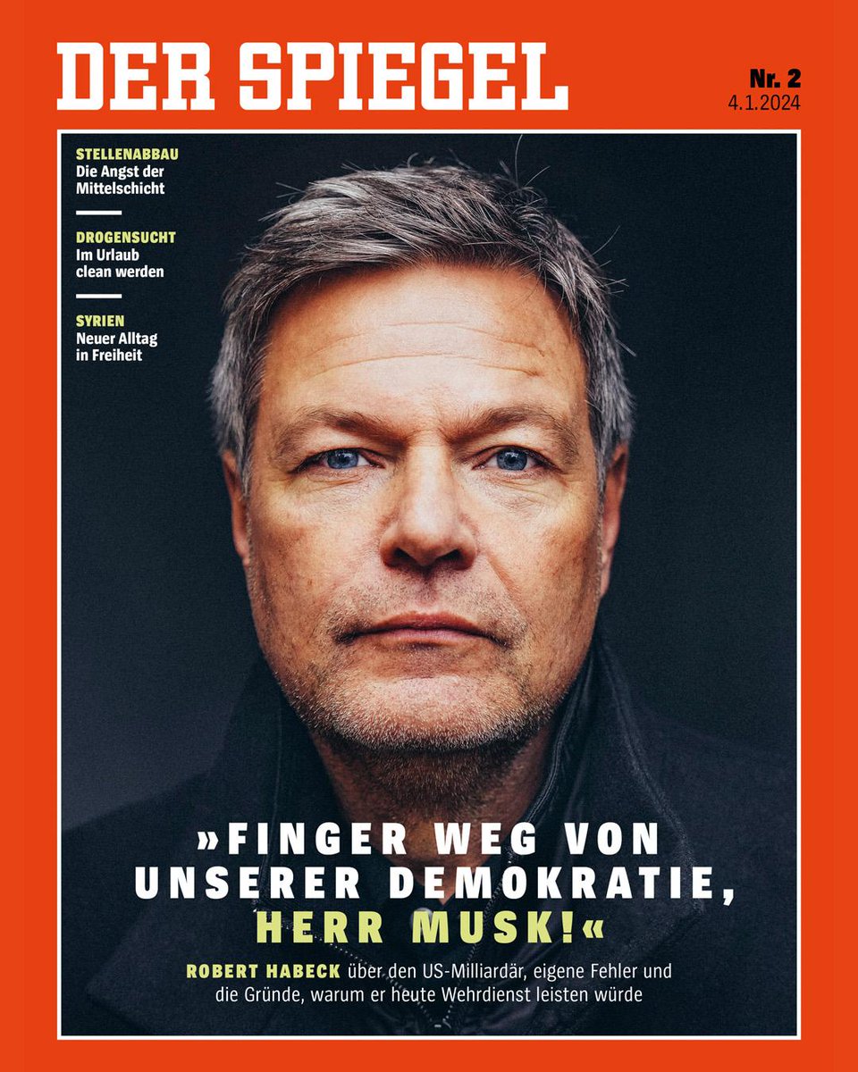 SPIEGEL: Musk nannte Sie (Robert Habeck) kürzlich einen »Narren«. Was entgegnen Sie ihm?

Habeck: Dass ich nicht tatenlos zusehen werde, wie autoritäre Gesinnung hoffähig gemacht wird.

Genau so!
#Habeck2025