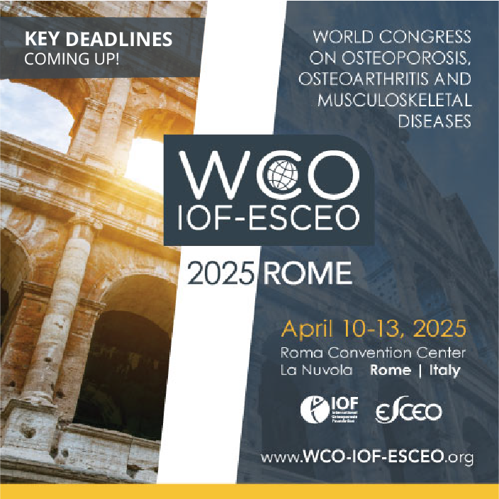 iofbonehealth's tweet photo. 2️⃣ Important deadlines coming up! Take part at the world’s largest #OsteoCongress  taking place in #Rome, Italy from April 10-13, 2025.

👉Low early-bird registration rates: register by Jan. 15th
👉 Submit your abstract by Jan. 27th

P.S. Are you eligible for the IOF-ESCEO Young Investigator Awards - or want to participate in 'IOF's Got Talent'? Check out opportunities for young researchers at https://t.co/WxggEbn1wV!

Visit the website - https://t.co/O7jCpYQ2ZB
 #osteoporosis #research #osteoarthritis