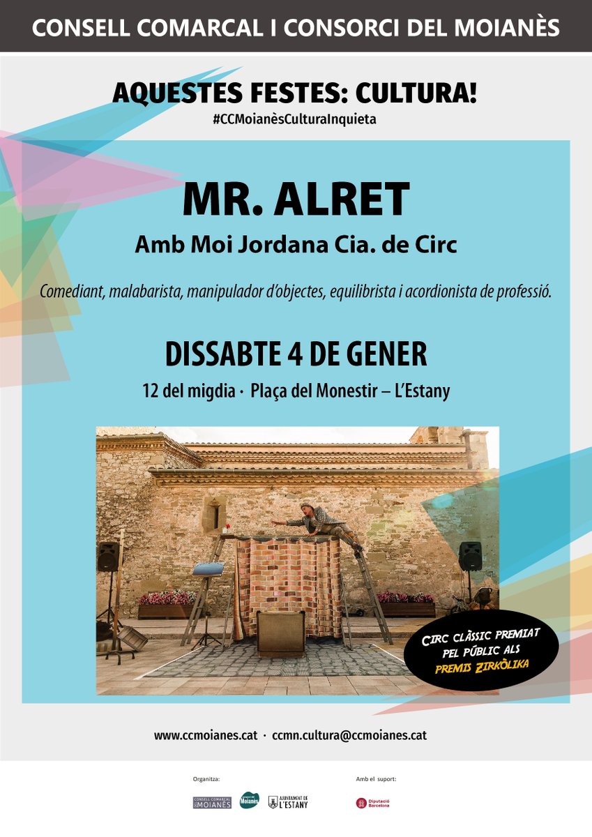 🎪Us esperem avui a <a href="/CaldersCat/">Calders.cat</a> amb l'actuació "Mon Petit Cirque"<a href="/MoiJordana/">Moi Jordana</a>! 
🕢A 2/4 de 6 tarda-Centre Cívic

🤹‍♂️I demà a <a href="/viulestany/">Viu l'Estany</a> amb Mr.Alret: un espectacle premiat als premis Zirkòlika
🕢A les 12 migdia-Plaça del Monestir

Aquestes festes:Cultura!#CCMoianèsCulturaInquieta