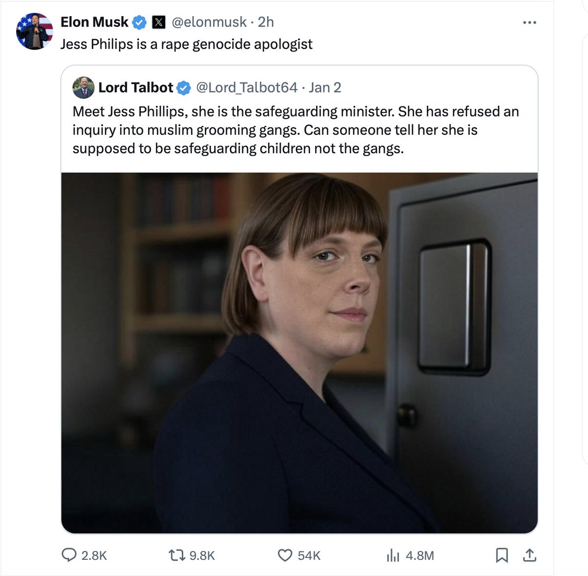 In this tweet <a href="/elonmusk/">Elon Musk</a> accuses <a href="/jessphillips/">Jess Phillips</a> of being "a rape genocide apologist". 

This is evil nonsense. Musk has lost his marbles. 

Perhaps we do need a wide inquiry into extremism in British life. Neither Islamic State or a fascist beneficiary of apartheid like Musk or