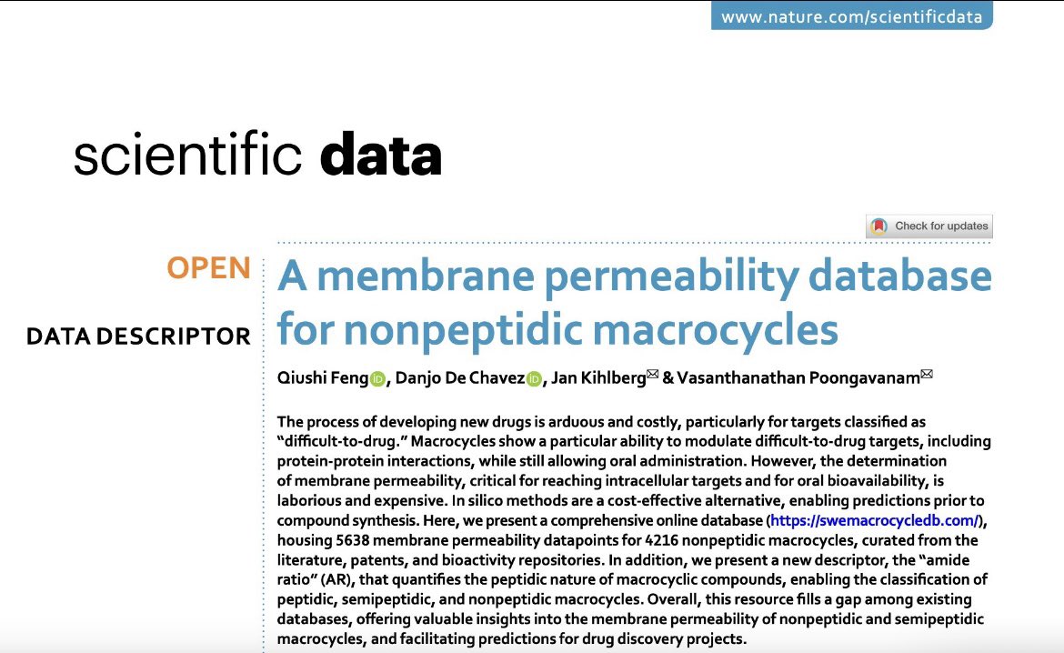 vasanthanathan's tweet image. New Publication Alert!
Excited to share our latest publication in Scientific Data: “A membrane permeability database for nonpeptidic macrocycles” by QIUSHI FENG, Danjo De Chavez, Jan Kihlberg