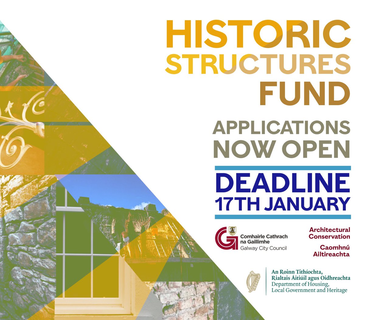 Galway City Council / Architectural Conservation (@conservationgcc) on Twitter photo The 2025 Historic Structures Fund is now open for grant applications for large scale conservation works in Galway City.
DEADLINE: 17th of January 2025.
For more info go to:
galwaycity.ie/news/2024/hist…
...or email the Architectural Conservation Officer at conservation@galwaycity.ie The 2025 Historic Structures Fund is now open for grant applications for large scale conservation works in Galway City.
DEADLINE: 17th of January 2025.
For more info go to:
galwaycity.ie/news/2024/hist…
...or email the Architectural Conservation Officer at conservation@galwaycity.ie