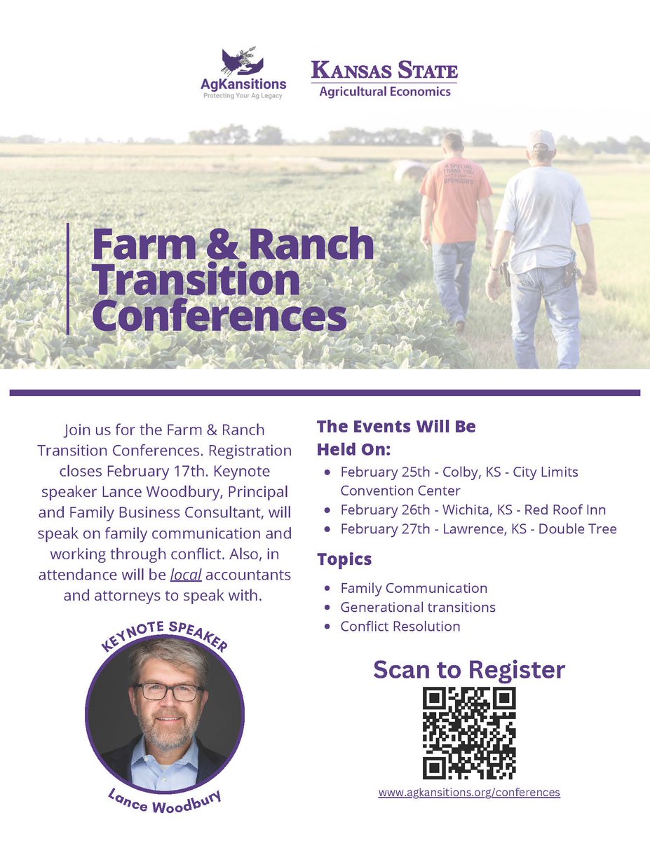 Farm &amp; Ranch Transition Conferences.  February 26th in Wichita. Registration closes February 17th.
agkansitions.org/conferences