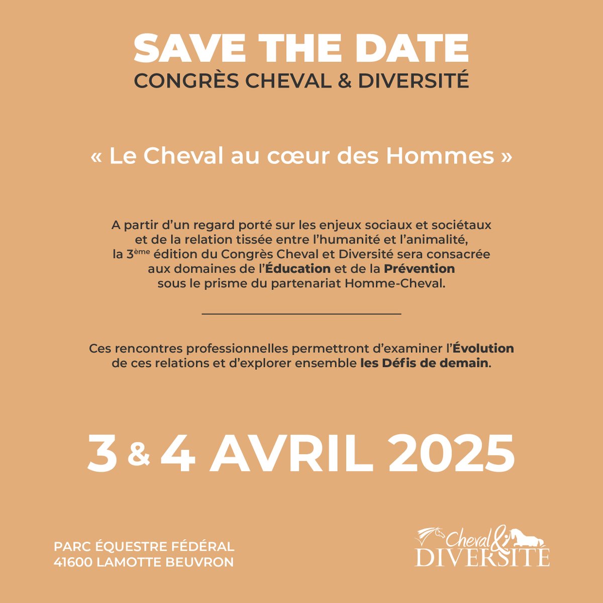📅 À VOS AGENDAS !
Pour sa 3ème édition, la <a href="/FFEquitation/">Fédération Française d'Équitation</a> vous présente le Congrès Cheval et Diversité !
📌 Rdv les 3 &amp; 4 avril 2025 au Parc équestre fédéral.

Bientôt les infos à venir👉 ffe.com/pratiquer/chev…