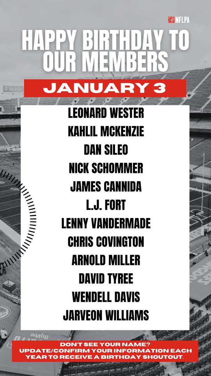 NFLPA Former Players (@nflpafmrplayers) on Twitter photo Happy birthday to our members @LeonardWester @Kahlil_mckenzie <a href="/DanSileoShow/">#BigSilz</a> @nickschommer @jcann97 @i_Serve25 <a href="/CoachVandermade/">Lenny Vandermade</a> @WendellDavis <a href="/Dubb02/">Jarveon Williams</a> - Enjoy your day! Happy birthday to our members @LeonardWester @Kahlil_mckenzie <a href="/DanSileoShow/">#BigSilz</a> @nickschommer @jcann97 @i_Serve25 <a href="/CoachVandermade/">Lenny Vandermade</a> @WendellDavis <a href="/Dubb02/">Jarveon Williams</a> - Enjoy your day!