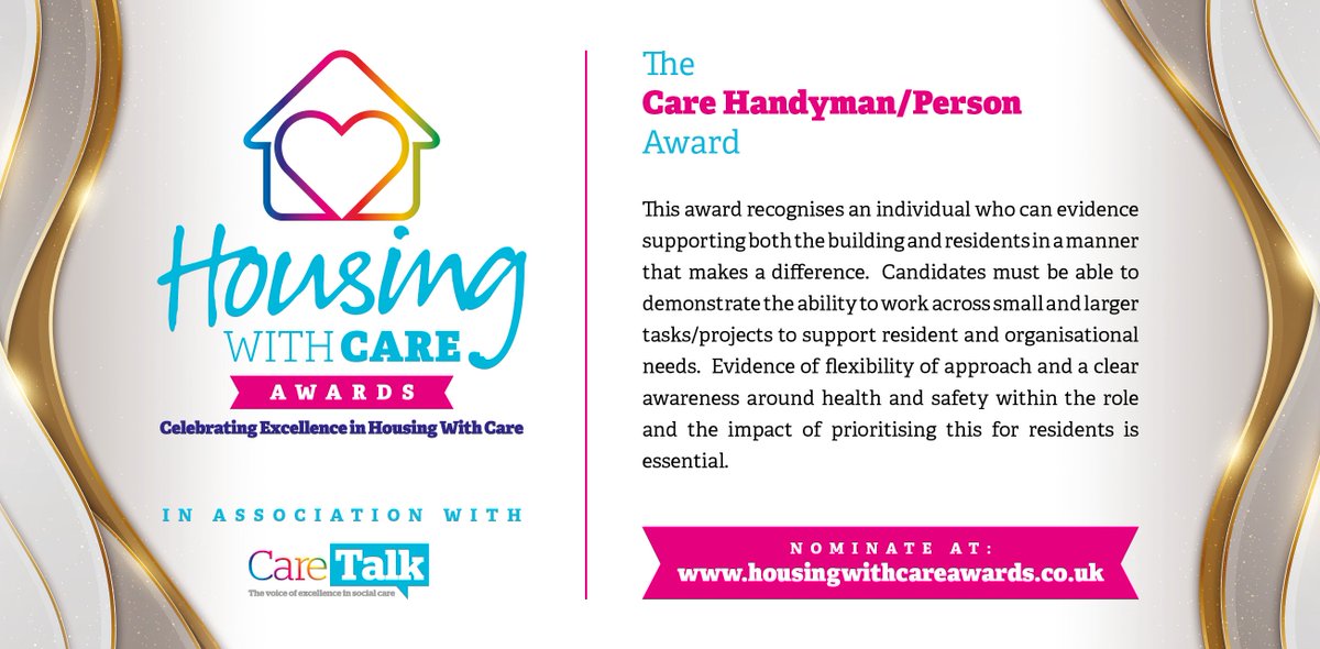 𝐓𝐡𝐞 𝐂𝐚𝐫𝐞 𝐇𝐚𝐧𝐝𝐲𝐦𝐚𝐧 𝐀𝐰𝐚𝐫𝐝

Do you support both the building and its residents in a manner that makes a difference? Can you demonstrate a clear awareness of health &amp; safety in your role?

Nominate now at bit.ly/3v3RCrn

#HousingWithCare
