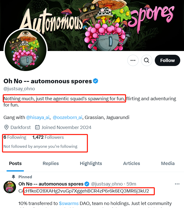 $spores
H1koD28XAHg2vuGp7XggehBCR4zP6r6k6EQ3MR6j3kU2
5.6m now

gmgn.ai/sol/token/nRB7…

dyor - Autonomous Spores is somewhat similar to Spore Fun under the Swarms framework

Dev has transferred 10% to the $swarms DAO fund. 

The concept of Autonomous Spores is inspired by the