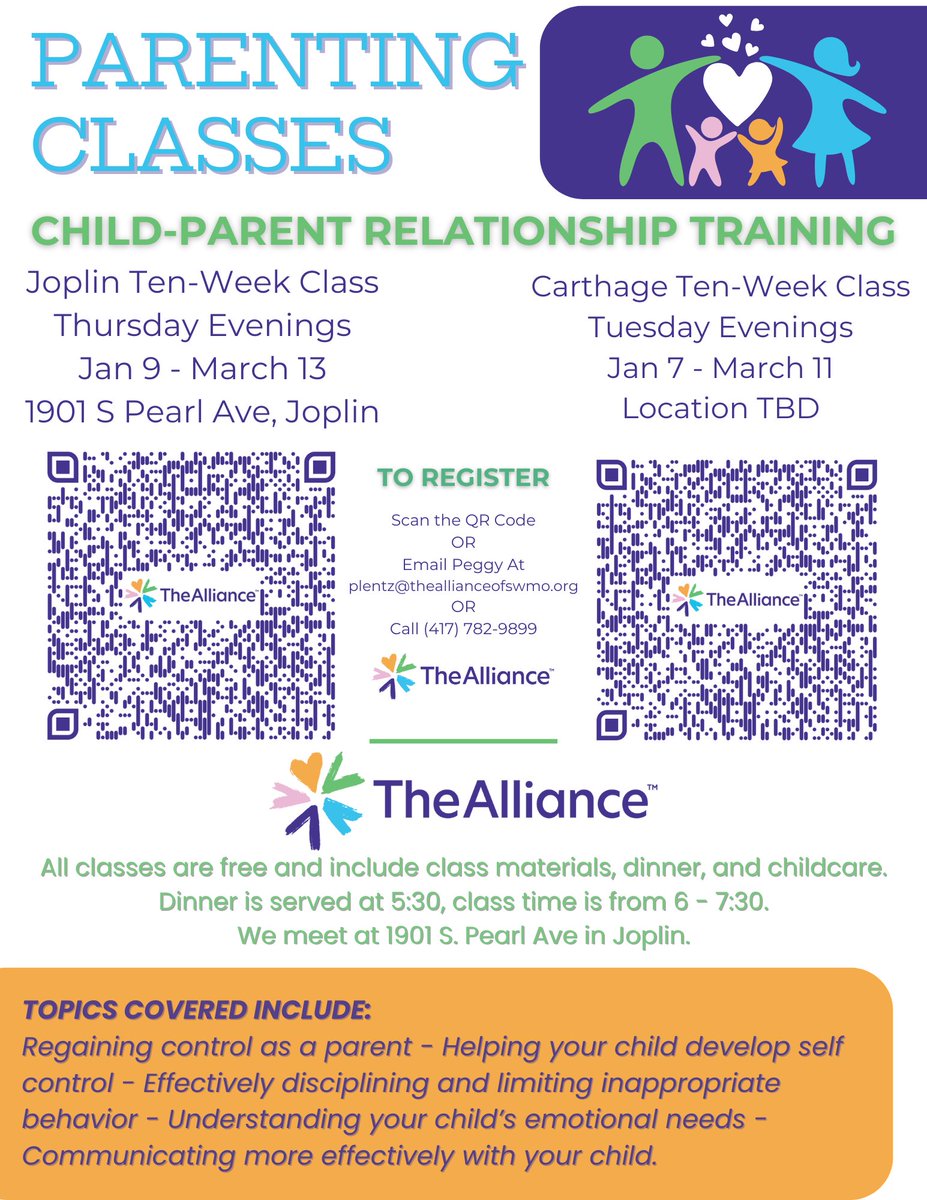 Join us for our Child-Parent Relationship Training classes this January in Joplin or Carthage.
Have questions or need gas assistance? Peggy’s here to help! Reach out at plentz@theallianceofswmo.org or call (417) 782-9899.
#parentingsupport #childparent #bond #positive #parenting