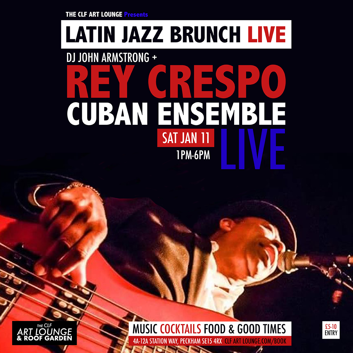 RAY CRESPO LIVE UP ON THE ROOF! Sat Jan 11 (1pm-6pm) - Latin Jazz Brunch Live welcome's one of London’s finest Modern Latin Jazz, Salsa, Afro Cuban and Cuban Music Bands aka The REY CRESPO CUBAN ENSEMBLE (LIVE) up on the roof ❤️🔥💃🏻 clfartlounge.com/book