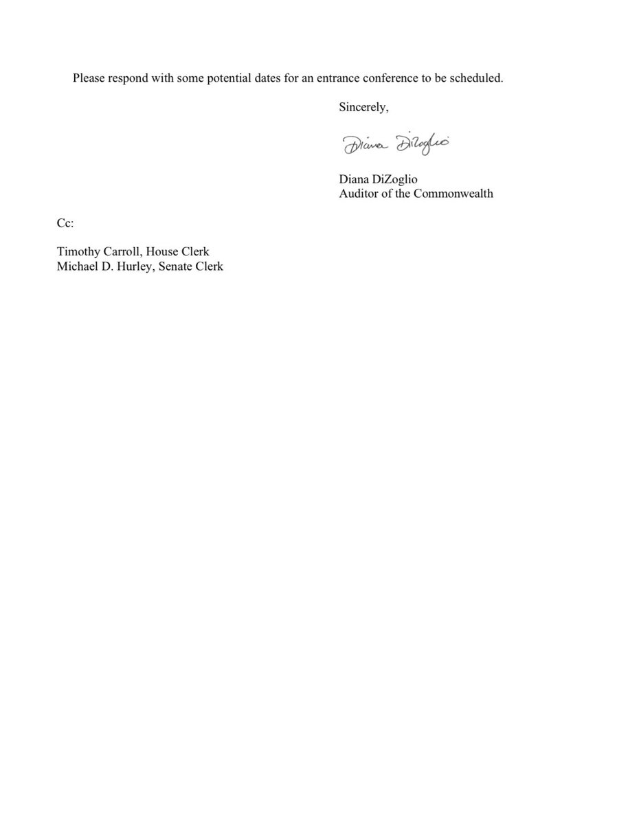 Matt Stout (@mattpstout) on Twitter photo NEW: On the day a new law empowering her to audit the Legislature took effect, <a href="/massauditor/">Diana DiZoglio</a> sent its leaders a letter saying she intends to probe “high-risk areas,” such as contracting procedures, use of NDA’s, financial receipts. She asks for a response in 72 hours (by Monday) NEW: On the day a new law empowering her to audit the Legislature took effect, <a href="/massauditor/">Diana DiZoglio</a> sent its leaders a letter saying she intends to probe “high-risk areas,” such as contracting procedures, use of NDA’s, financial receipts. She asks for a response in 72 hours (by Monday)