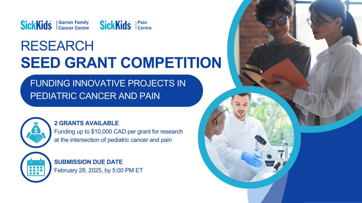 SickKids Pain Centre (@skpaincentre) on Twitter photo Are you working on innovative projects at the intersection of pediatric cancer and pain? 🌟 <a href="/SickKidsCancer/">Garron Family Cancer Centre</a> and <a href="/SKPainCentre/">SickKids Pain Centre</a> are funding 2 seed grants, each with a maximum budget of $10K CAD!
🗓️ Due date: February 28, 2025, at 5:00 PM ET
📩For more info: bit.ly/3ZU2BPS Are you working on innovative projects at the intersection of pediatric cancer and pain? 🌟 <a href="/SickKidsCancer/">Garron Family Cancer Centre</a> and <a href="/SKPainCentre/">SickKids Pain Centre</a> are funding 2 seed grants, each with a maximum budget of $10K CAD!
🗓️ Due date: February 28, 2025, at 5:00 PM ET
📩For more info: bit.ly/3ZU2BPS