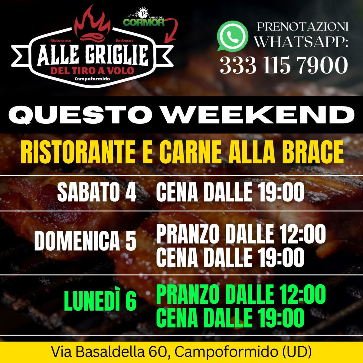 Il chiosco non è più operativo. Ci siamo trasferiti. Il ristorante da ora lo trovate a Campoformido e si chiama Alle Griglie del Tiro a Volo. QUESTO WEEKEND LUNGO SIAMO OPERATIVI IN QUESTI ORARI.