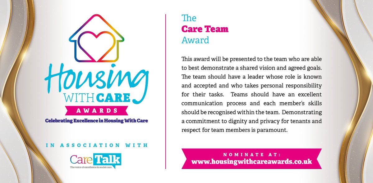 The Care Team Award 🏆

Recognising teams with a clear vision, strong communication, and a leader who upholds dignity and respect for tenants &amp; colleagues.

Nominations close next week, 28th April! ⏳

Nominate now: bit.ly/3v3RCrn