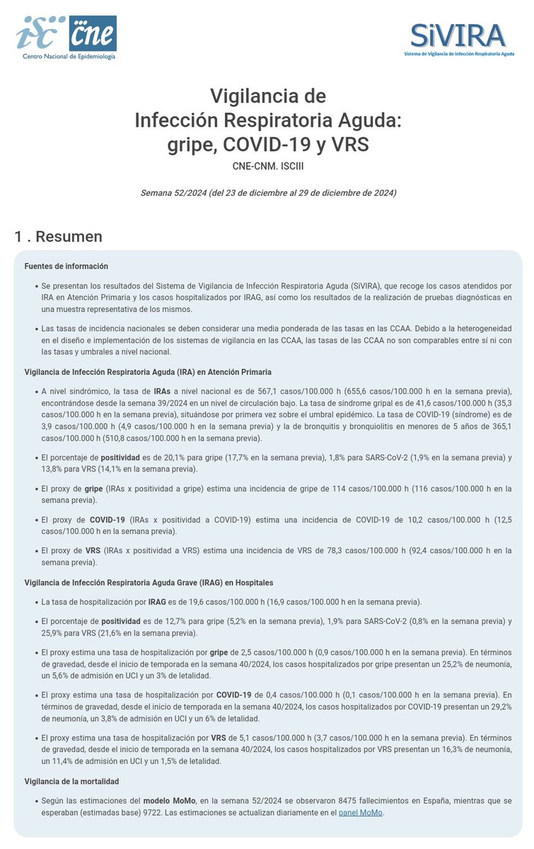 Ya está disponible, vía nuestro Centro Nacional de Epidemiología,
 el primer informe #ISCIII del año sobre vigilancia de virus respiratorios en España, con datos sobre #gripe, #COVID19 y #VRS ➡️ docsivira.isciii.es/informe_semana…

Informes de semanas previas ➡️ cne.isciii.es/es/servicios/e…
