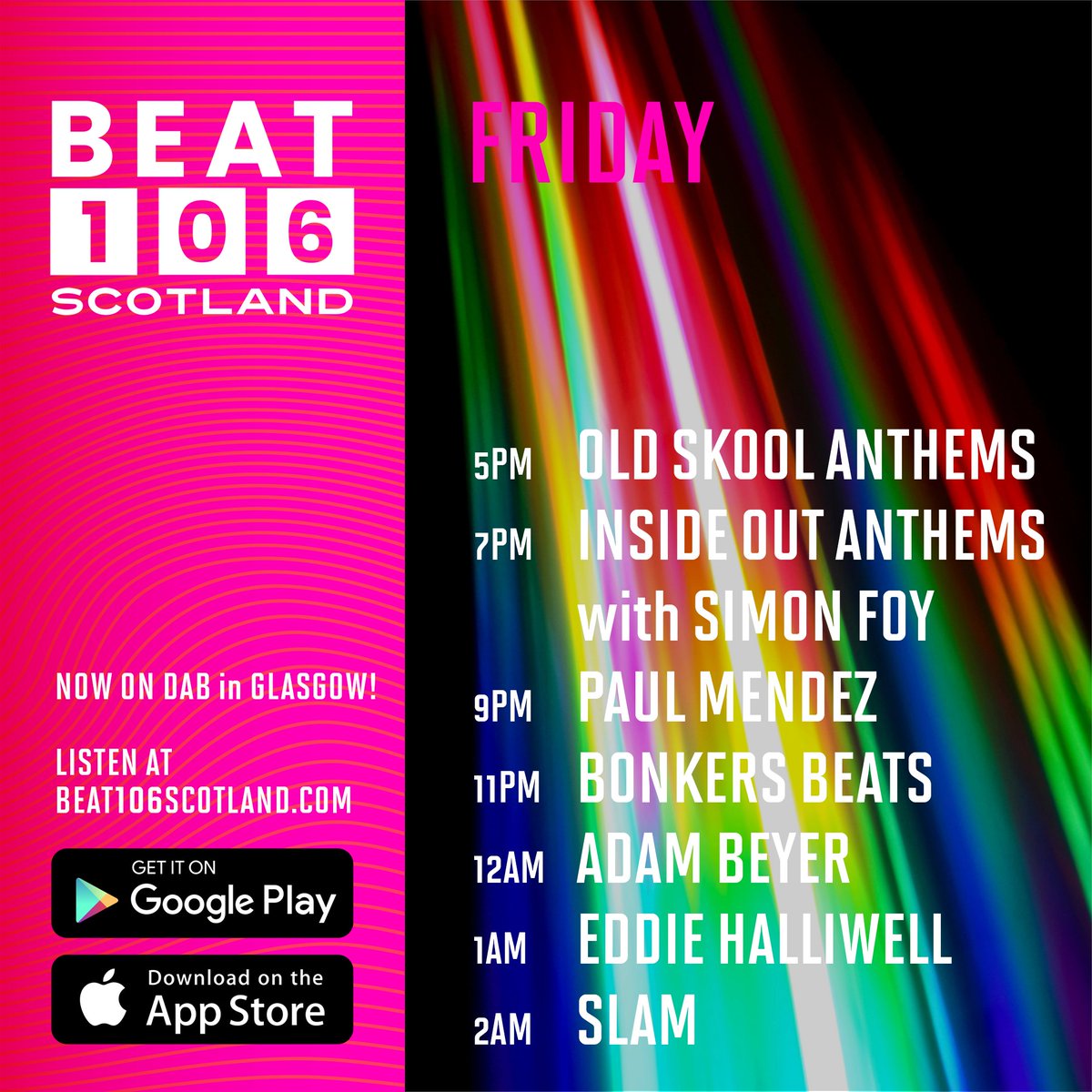 Beat 106 Scotland www.beat106scotland.com (@beat106scotland) on Twitter photo 2025 Day 3... Friday night on <a href="/beat106scotland/">Beat 106 Scotland www.beat106scotland.com</a>... Our #NewYearResolution is to go harder !
Now - Trance Anthems
5pm - Old Skool Anthems
7pm - Simon Foy is in the mix with <a href="/insideoutgla/">insideoutglasgow</a> Anthems
9pm - <a href="/paulmendez/">Paul Mendez</a> with the bangers & slammers 2025 Day 3... Friday night on <a href="/beat106scotland/">Beat 106 Scotland www.beat106scotland.com</a>... Our #NewYearResolution is to go harder !
Now - Trance Anthems
5pm - Old Skool Anthems
7pm - Simon Foy is in the mix with <a href="/insideoutgla/">insideoutglasgow</a> Anthems
9pm - <a href="/paulmendez/">Paul Mendez</a> with the bangers & slammers