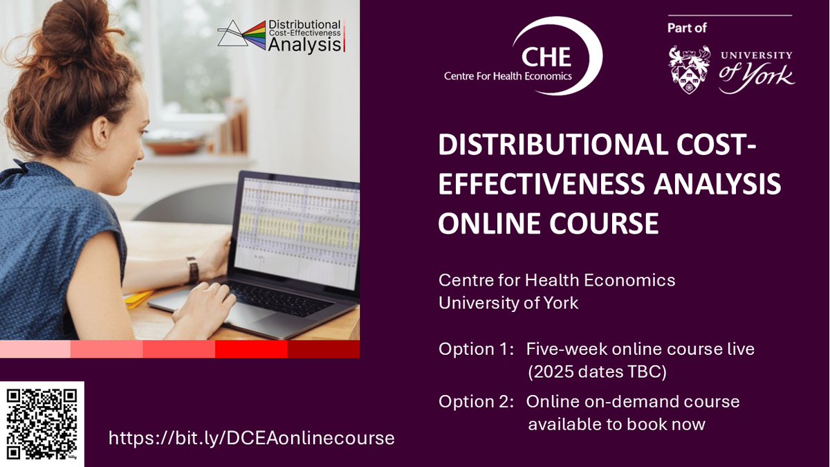 'Distributional Cost-Effectiveness Analysis (DCEA)' online on-demand course available to book now dcea.he-evalcourses.com. This course covers methods for analysing equity impacts of health programmes &amp; trade-offs with cost-effectiveness.
2025 online live 5-week course dates TBC.