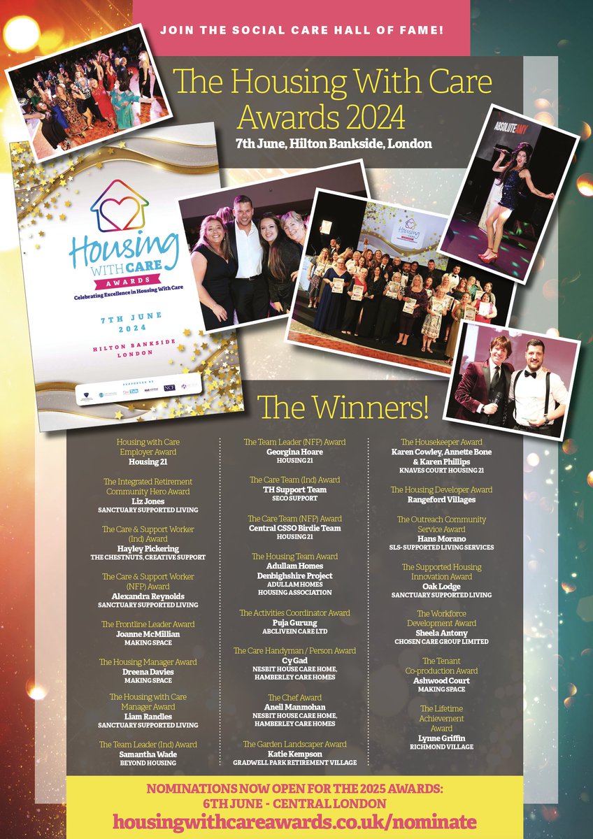 Housing With Care Awards (@hwcawards) on Twitter photo Join the ๐๐จ๐ฎ๐ฌ๐ข๐ง๐ ๐๐ข๐ญ๐ก ๐๐๐ซ๐ ๐๐ฐ๐๐ซ๐๐ฌ! ๐
Celebrating & recognising excellence in the many different Housing with Care models across #socialcare.
Nominations close 28th April! โณ
Nominate for the 2025 awards at bit.ly/3v3RCrn
#HousingWithCare Join the ๐๐จ๐ฎ๐ฌ๐ข๐ง๐ ๐๐ข๐ญ๐ก ๐๐๐ซ๐ ๐๐ฐ๐๐ซ๐๐ฌ! ๐
Celebrating & recognising excellence in the many different Housing with Care models across #socialcare.
Nominations close 28th April! โณ
Nominate for the 2025 awards at bit.ly/3v3RCrn
#HousingWithCare