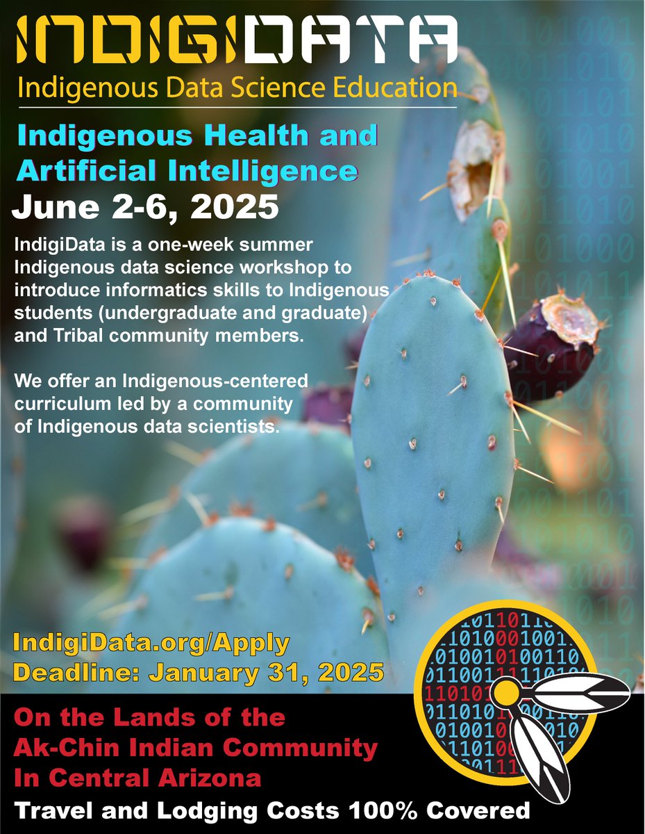 IndigiData (@indigidata) on Twitter photo Featuring a one-week workshop on #Indigenous #Health and Artificial Intelligence! <a href="/IndigiData/">IndigiData</a> is an Indigenous data science education experience, held this summer on the Tribal lands of the Ak-Chin Indian Community in Central, June 2-6: indigidata.org Apply: 01/31 #AI Featuring a one-week workshop on #Indigenous #Health and Artificial Intelligence! <a href="/IndigiData/">IndigiData</a> is an Indigenous data science education experience, held this summer on the Tribal lands of the Ak-Chin Indian Community in Central, June 2-6: indigidata.org Apply: 01/31 #AI