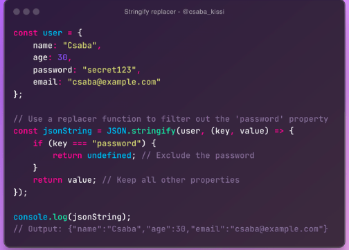 m_ragulpriyan's tweet photo. Day 87 of #100DaysOfNewTechnology
✨ Using a Replacer Function with JSON.stringify,When converting JavaScript objects to JSON strings using JSON.stringify, you can customize the output by providing a replacer function.#JavaScript #JSON #WebDevelopment  #FrontendTech https://t.co/ofk4fOn2ki
