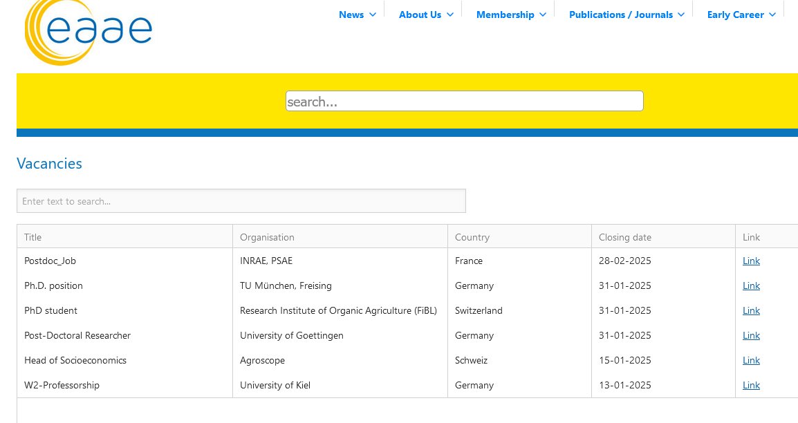 Job boards for agricultural economics 

EAAE eaae.org/Vacancies.aspx…
IAAE iaae-agecon.org/employment-opp…
AES aes.ac.uk/vacancies
AAEA aaea.org/employmentopps
AARES aares.org.au/careers
CAES caes-scae.ca/view-openings
GEWISOLA gewisola.de/jobs.html
AIEAA aieaa.org/job_opportunit…
