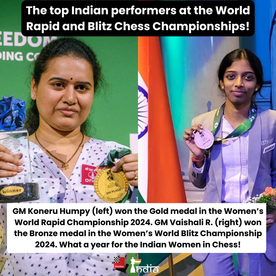 ChessbaseIndia's tweet image. The top two Indian performers in the World Rapid and Blitz Championships 2024 - @humpy_koneru and @chessvaishali! A fantastic finish to the already amazing 2024 delivered by these women. 

Photos: Michal Walusza, Vaishali&apos;s Instagram
#chess #chessbaseindia #humpy #vaishali