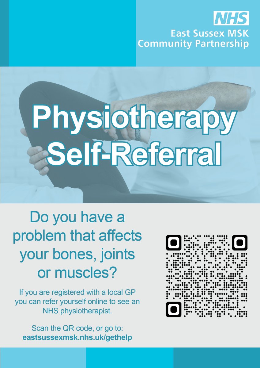 EastSussexMSK's tweet photo. π Did you know? π
You can self-refer to NHS Physiotherapy through the East Sussex MSK Community Partnership (ESMSK)- No GP referral needed!
π Learn more and fill out our online form here:
https://t.co/f6pqHYm1jz
#Physiotherapy #SelfReferral #NHS #ESMSK #MSKCare #EastSussex https://t.co/45rFpdbrF3